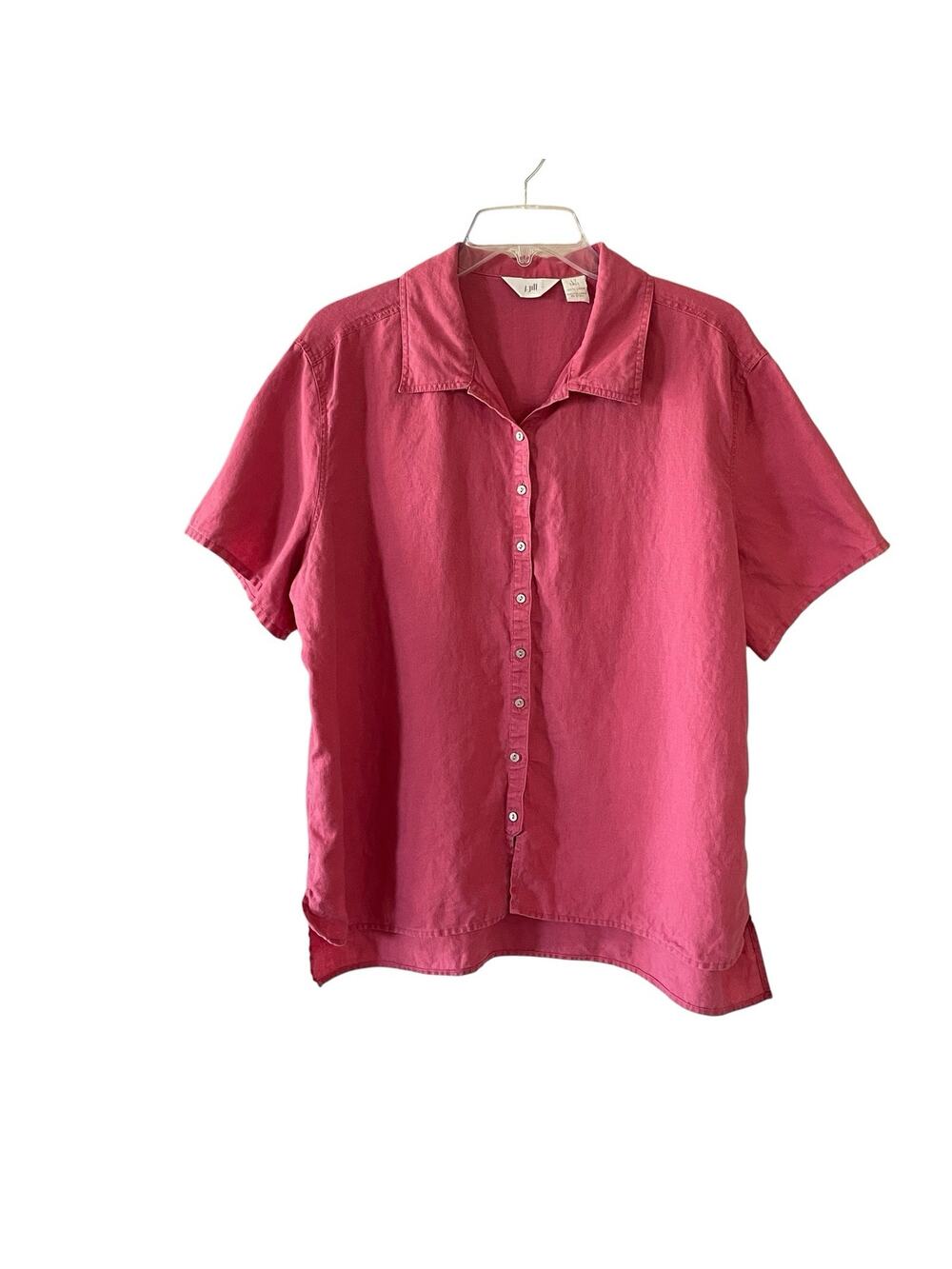 J JILL Women's Large Tall LT Coral Linen Button Up Collared Short Sleeve Shirt